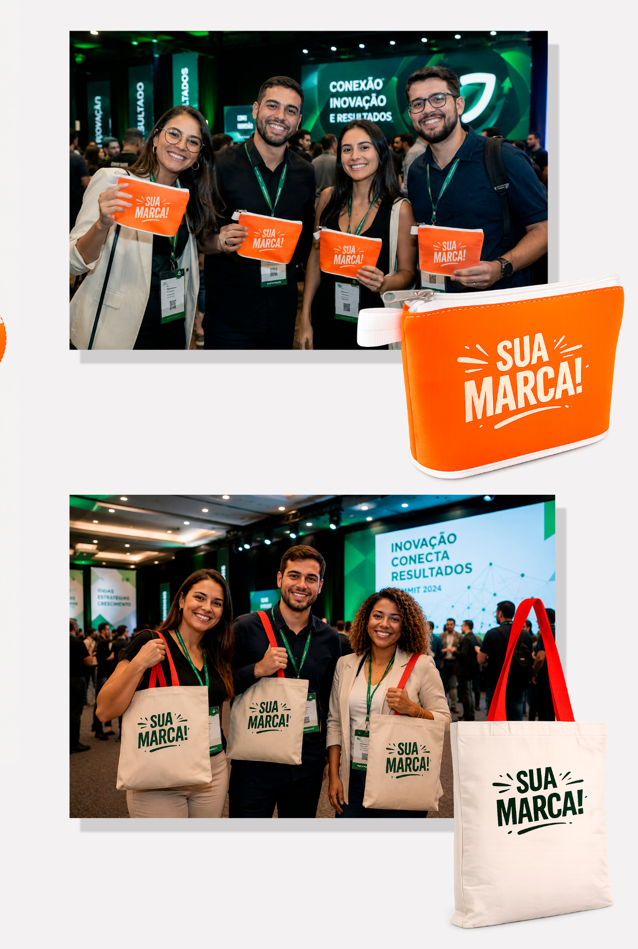 Participantes de eventos corporativos com bolsas e necessaires personalizadas